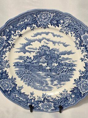 ONE Salem English Village Dinner Plate Village Scene Blue & White Transferware